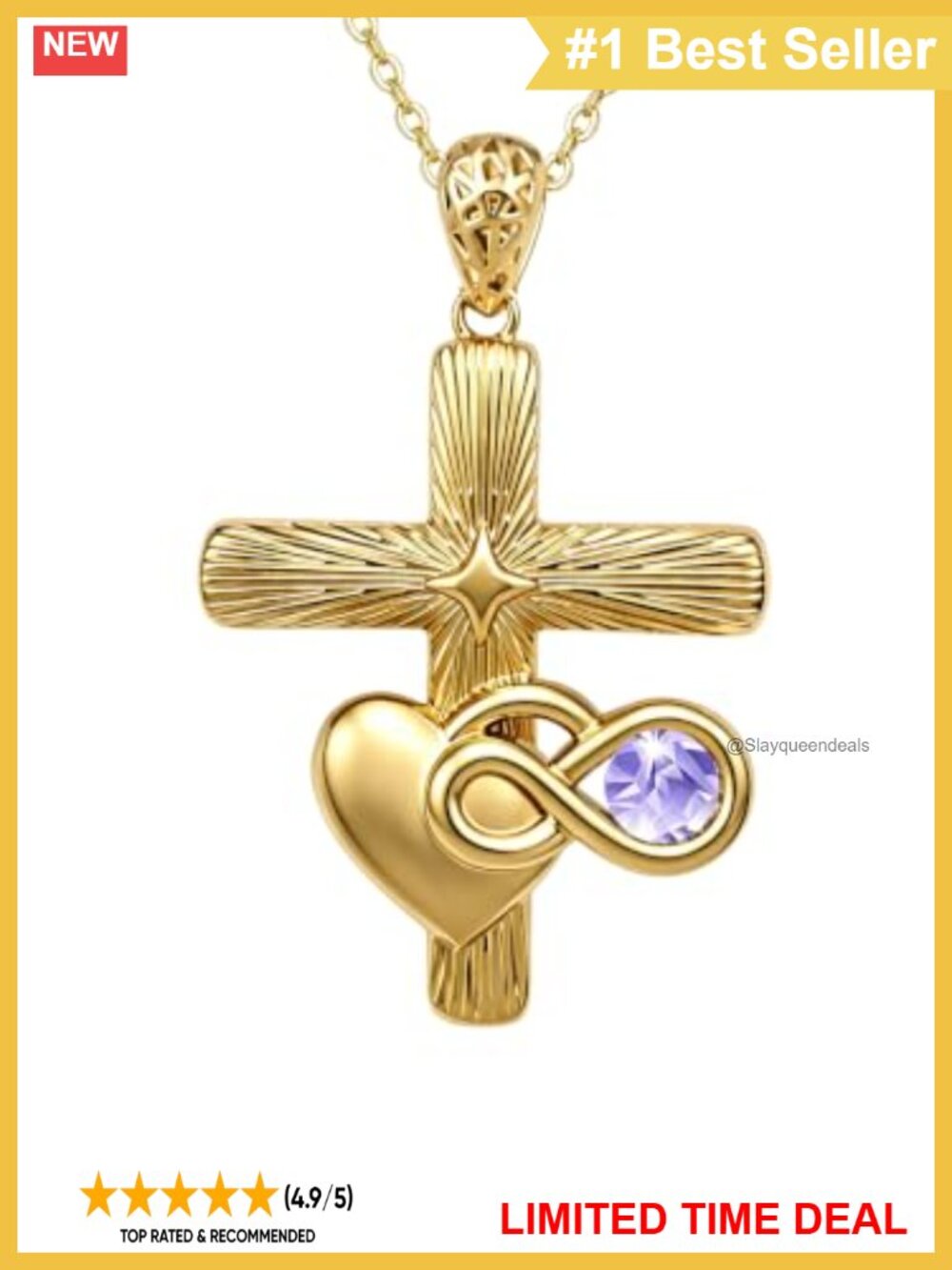 18K Gold Plated Cross Infinity Heart Pendant Necklace Cubic Zirconia